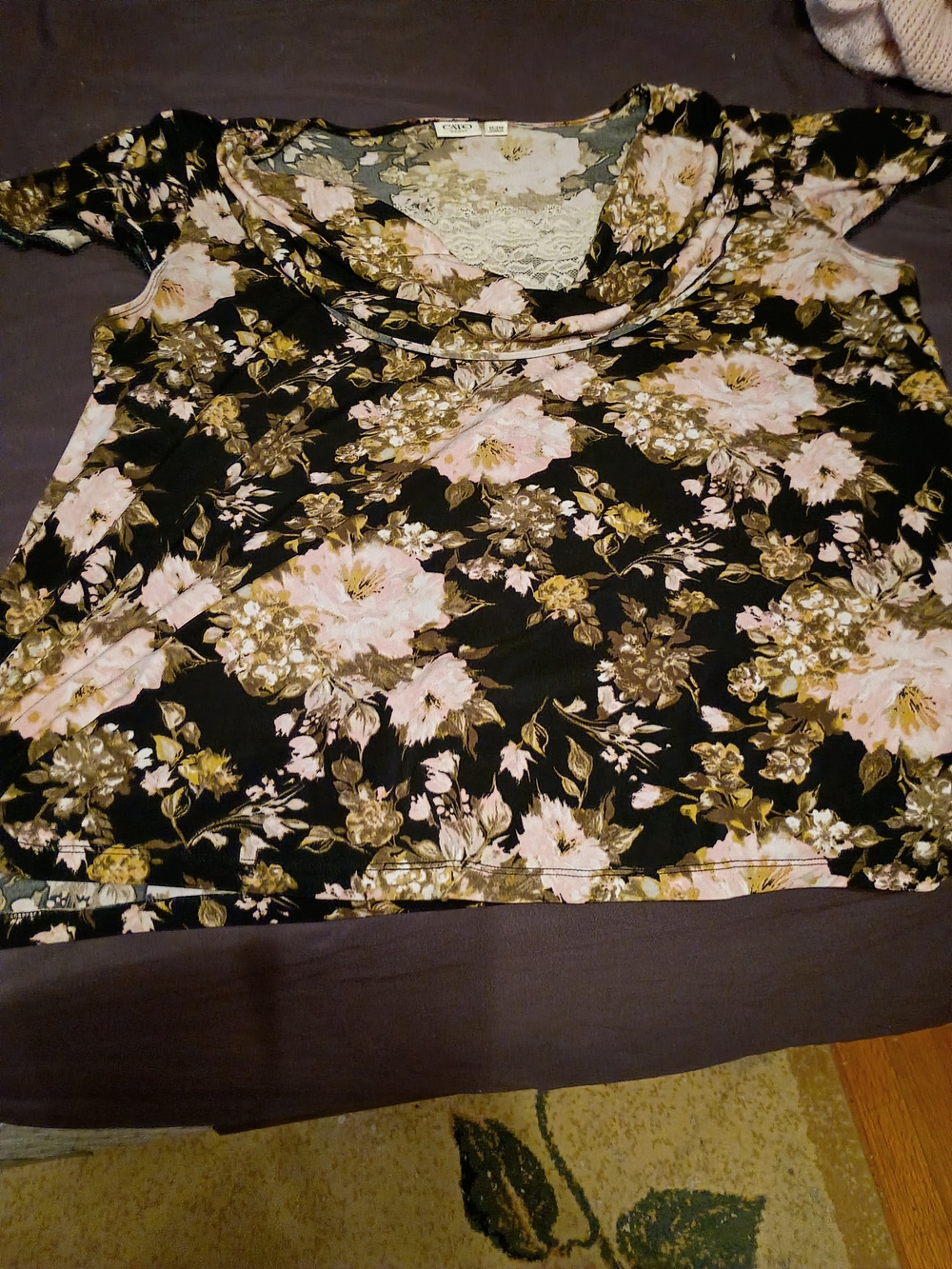 Cato Black Floral Short-Sleeve Top with Pink and Olive Accents